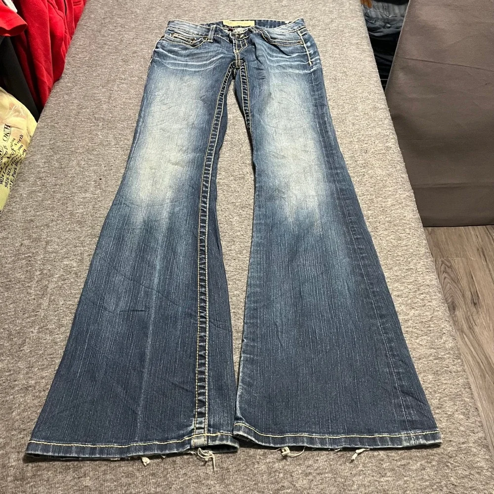 BKE Denim Men Flare Leg Jeans 26x35.5 Medium Wash Embroidered Distressed Hem